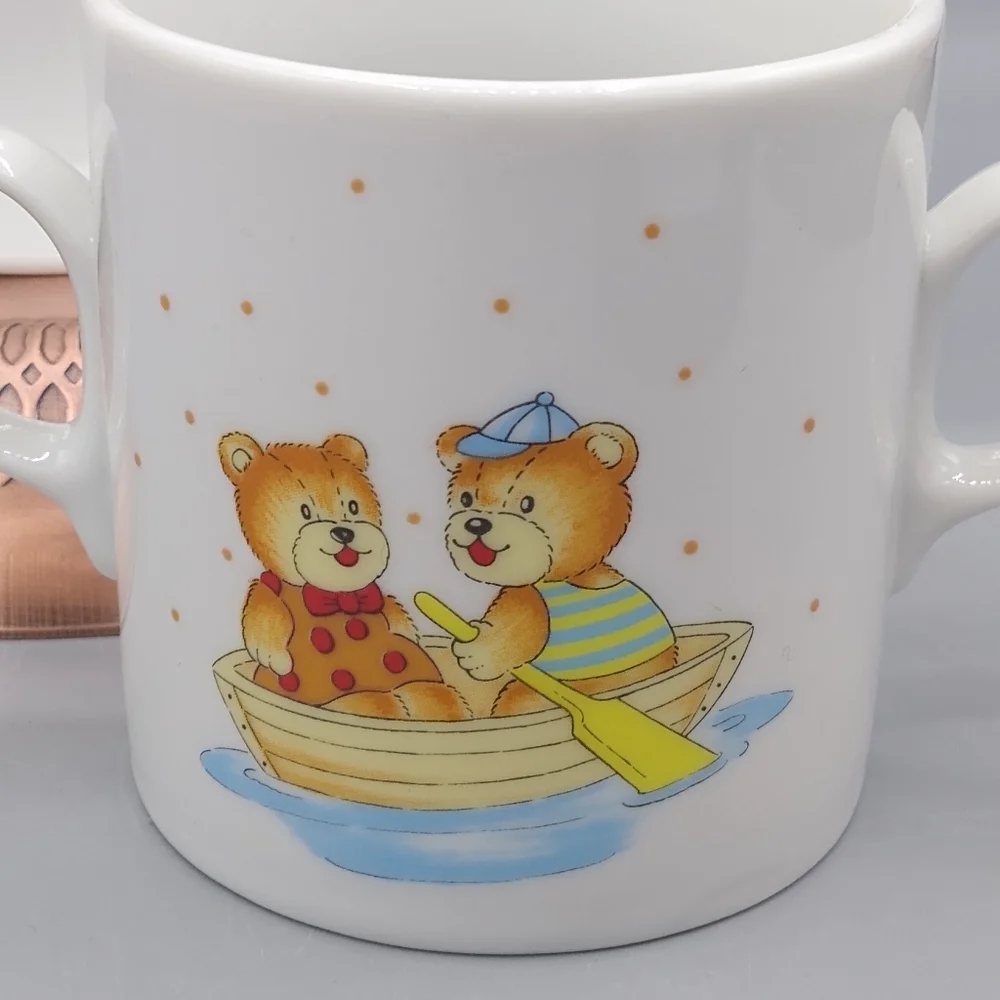 Fine China Child's Dinner Set Toddler Child Teddy Bear Rowboat Plate Cup Vtg